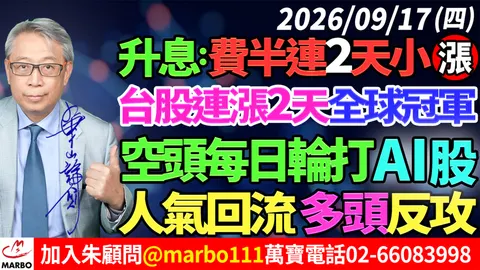 2026/09/17 升息:費半連2天小漲!台股連漲2天全球冠軍!空頭每日輪打AI股!人氣回流多頭反攻! #朱成志社長